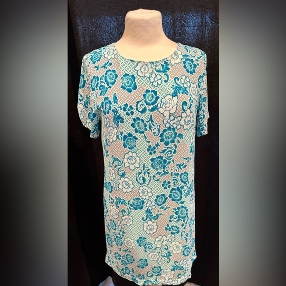 Lucy Love Teal‎ Floral Geometric Short Sleeve Shift Dress Small Button Back